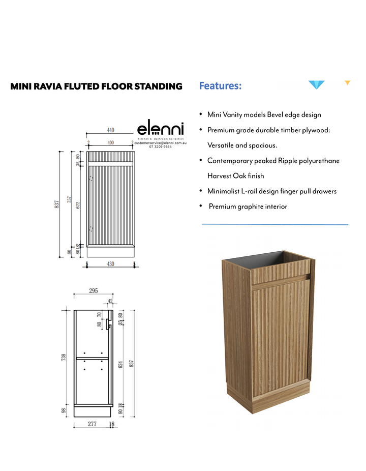 Elenni specification sheet - Mini Ravia Fluted Floor Standing Harvest Oak Cabinet