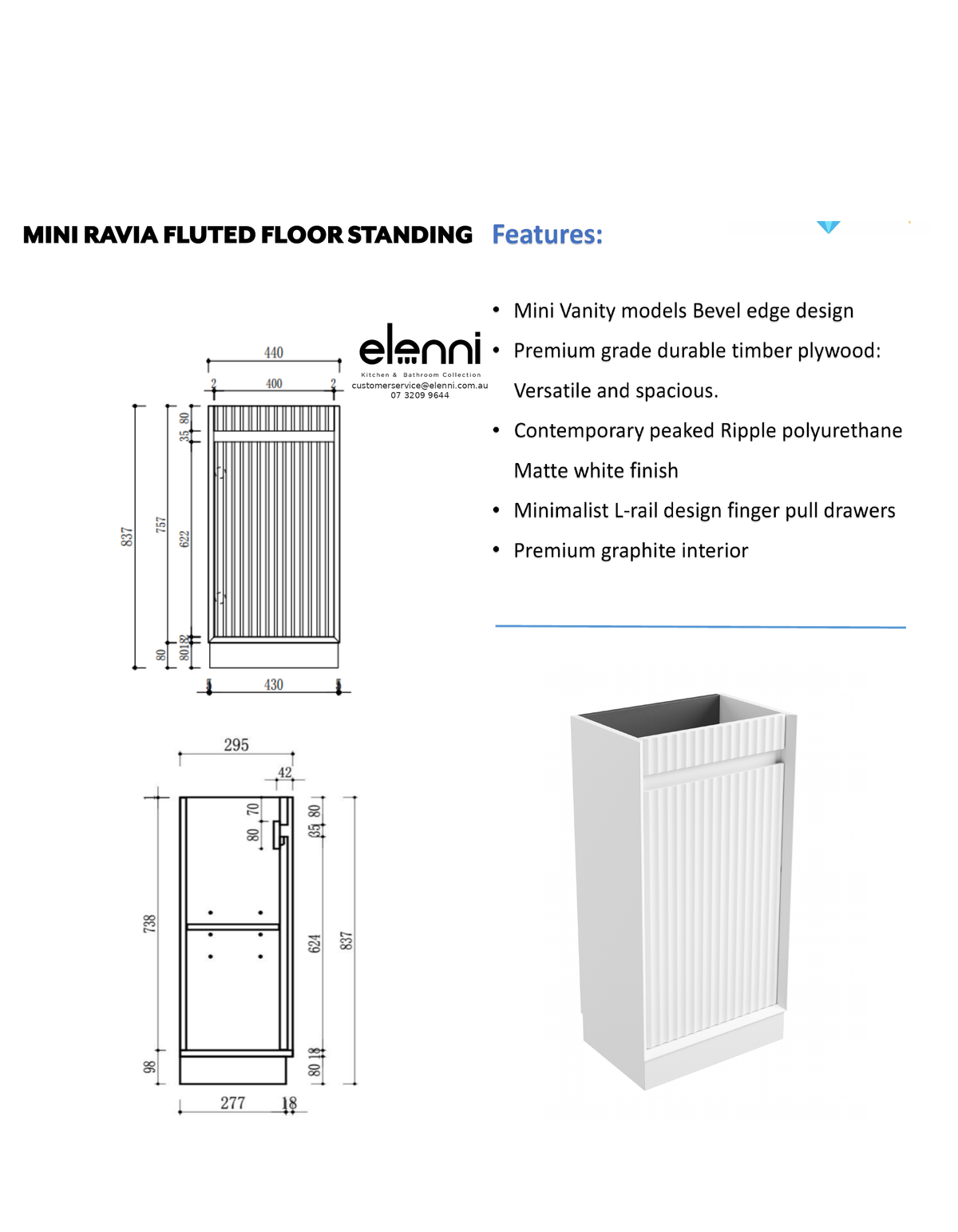 Elenni specification sheet - Mini Ravia Fluted Floor Standing Matte White Cabinet