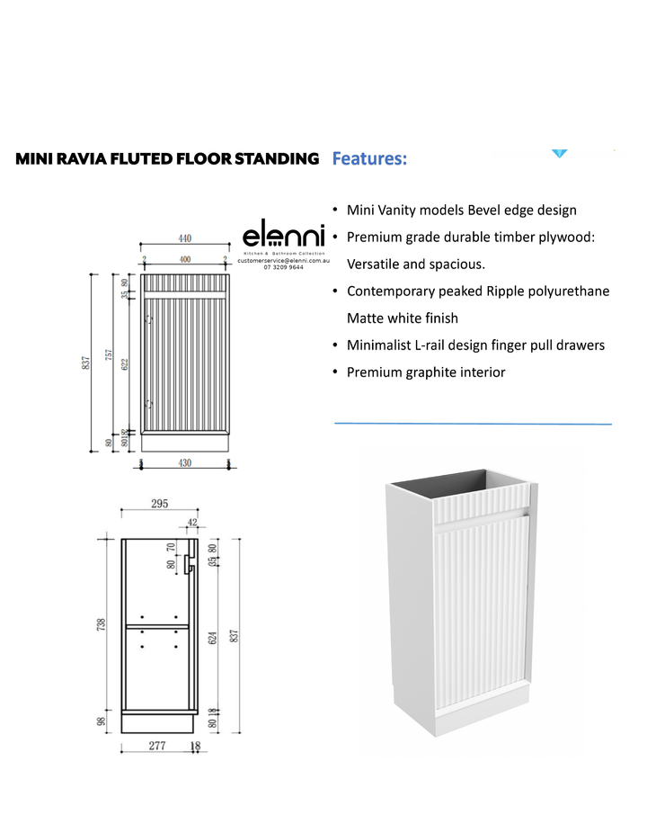 Elenni specification sheet - Mini Ravia Fluted Floor Standing Matte White Cabinet