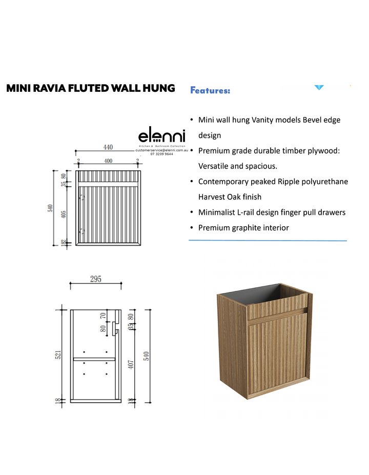 Elenni specification sheet - Mini Ravia Fluted Wall Hung Harvest Oak Cabinet