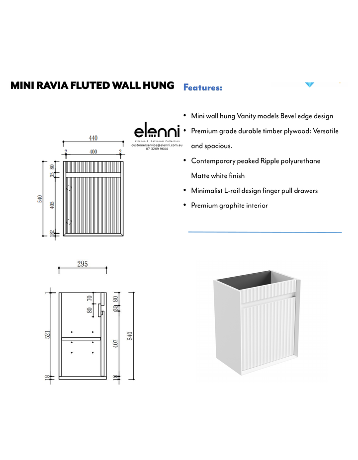 Elenni specification sheet - Mini Ravia Fluted Wall Hung Matte White Cabinet