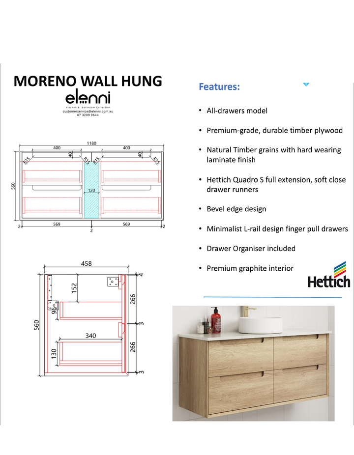 Elenni specification sheet - Moreno Wall Hung 1200mm