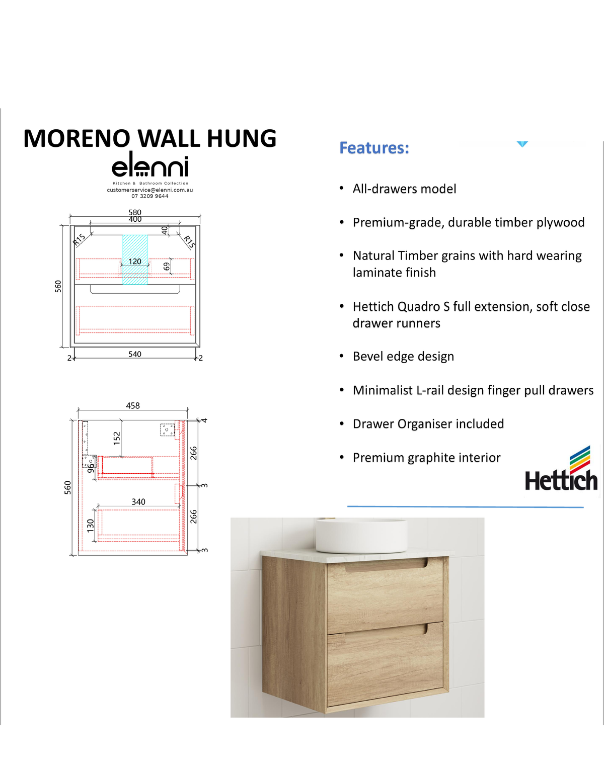 Elenni specification sheet - Moreno Wall Hung 600mm