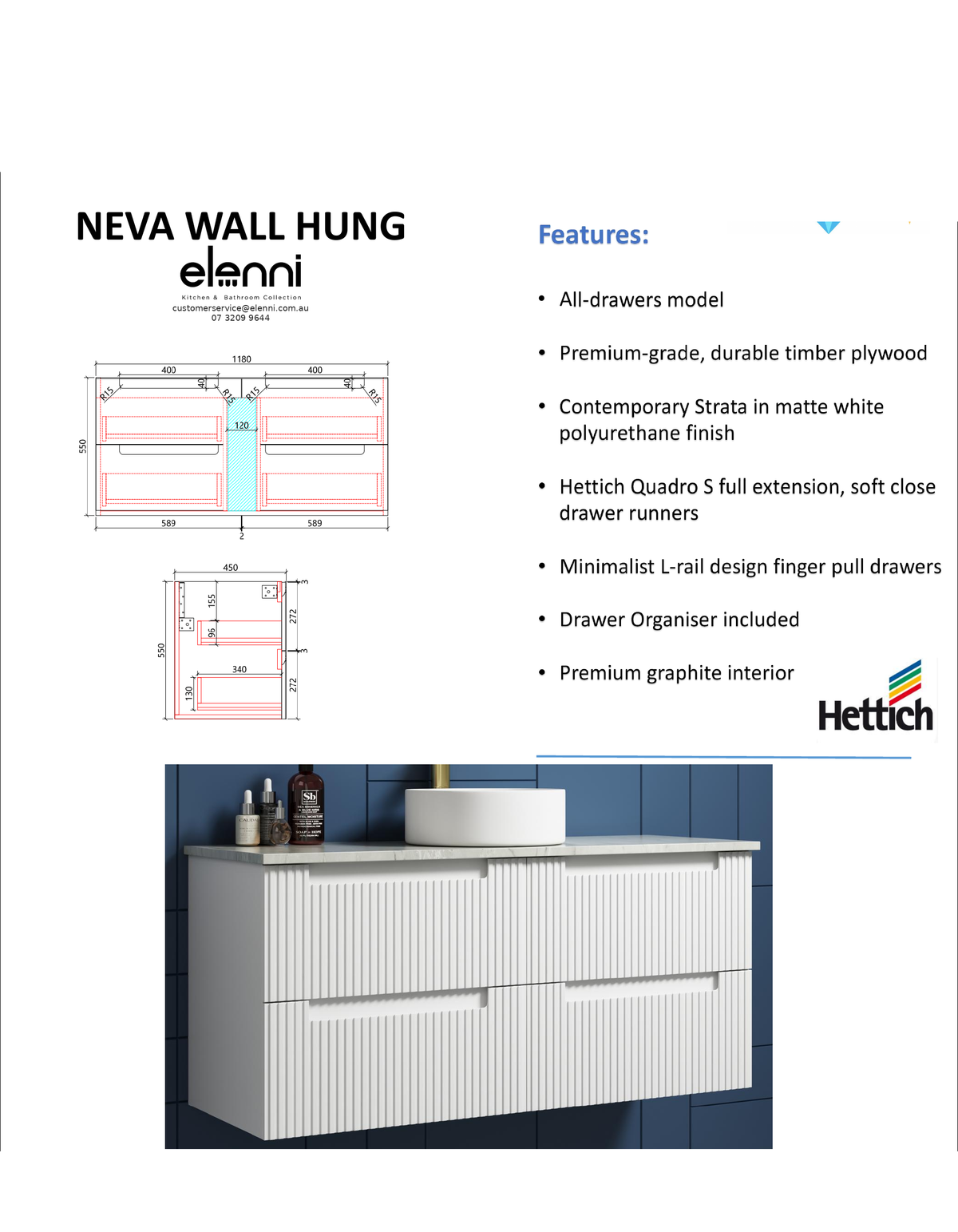 Elenni specification sheet - Neva Wall Hung 1200mm