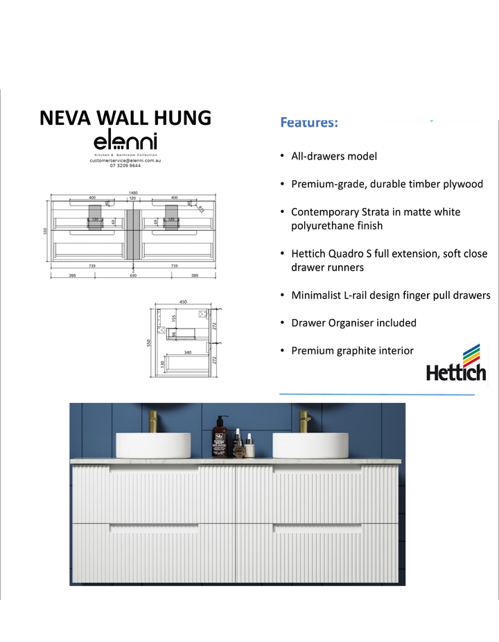 Elenni specification sheet - Neva Wall Hung 1500mm