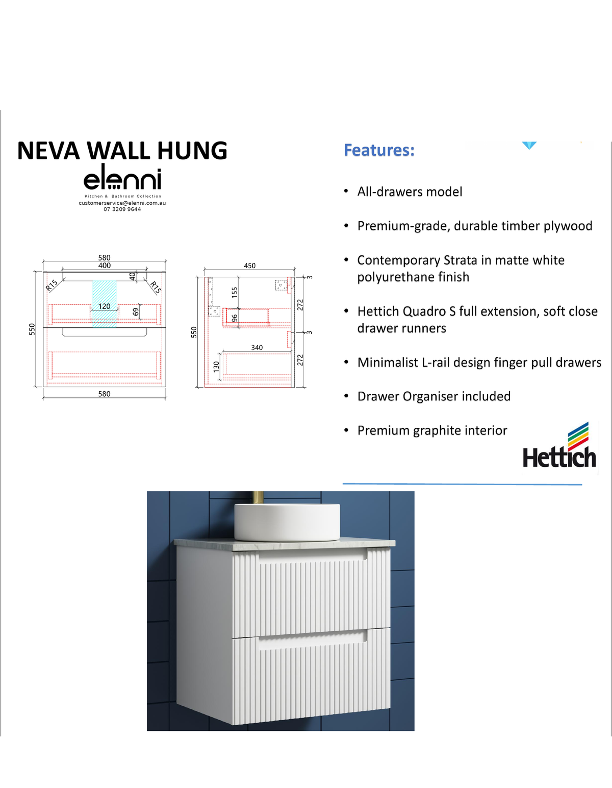 Elenni specification sheet - Neva Wall Hung 600mm