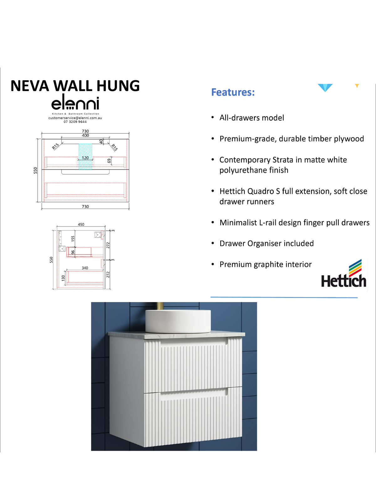 Elenni specification sheet - Neva Wall Hung 750mm