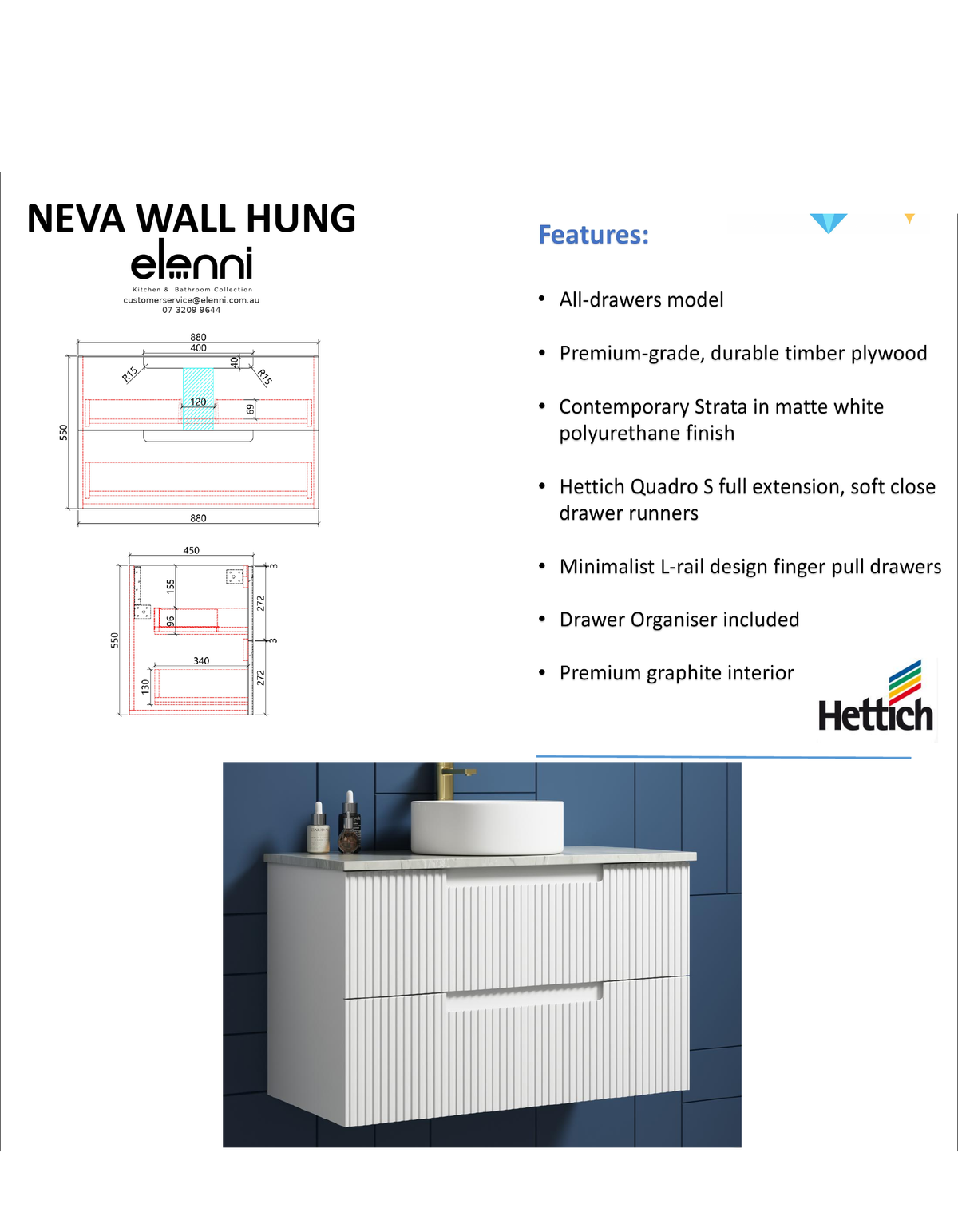 Elenni specification sheet - Neva Wall Hung 900mm