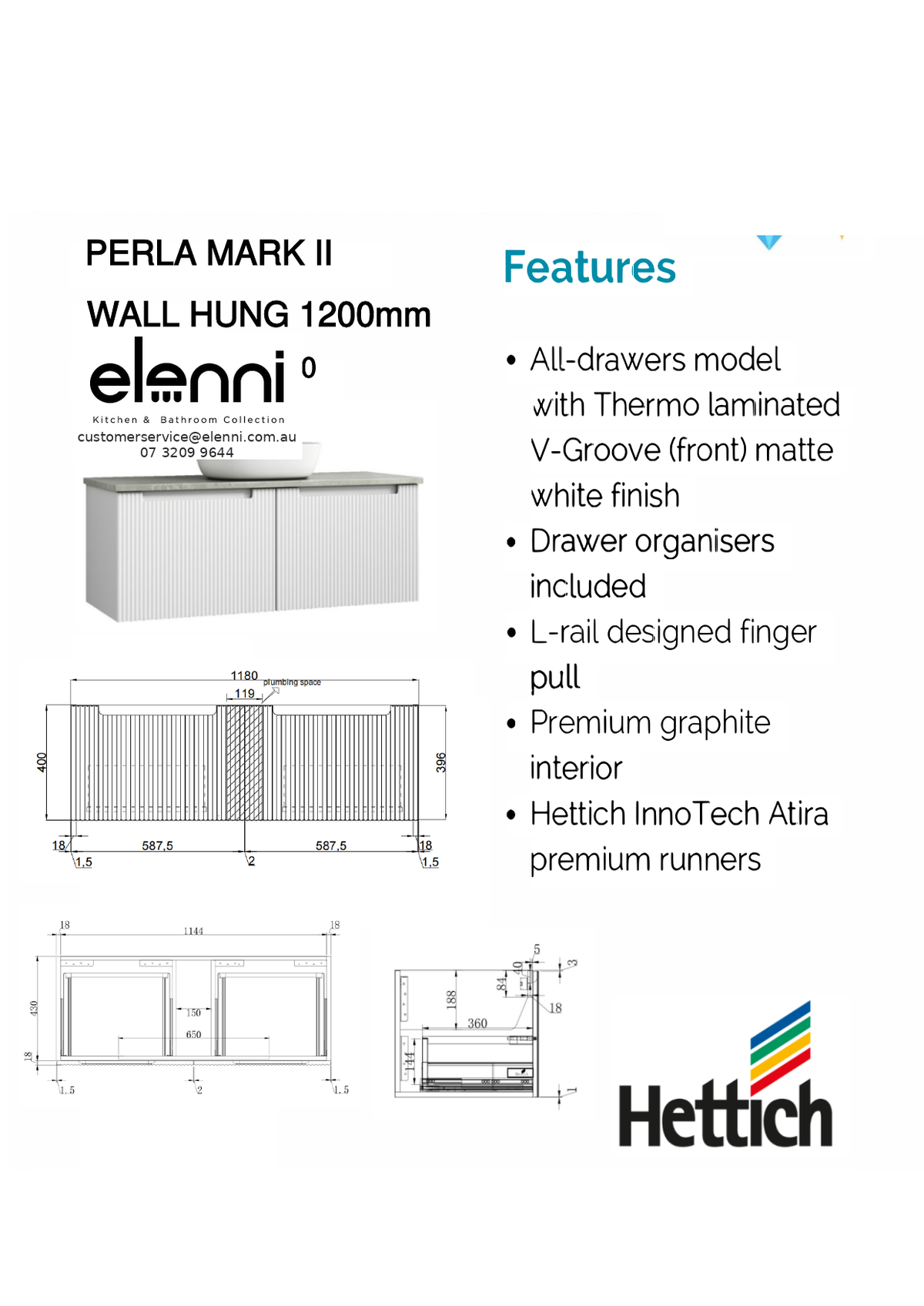 Elenni specification sheet - Perla Mark II Wall Hung 1200mm
