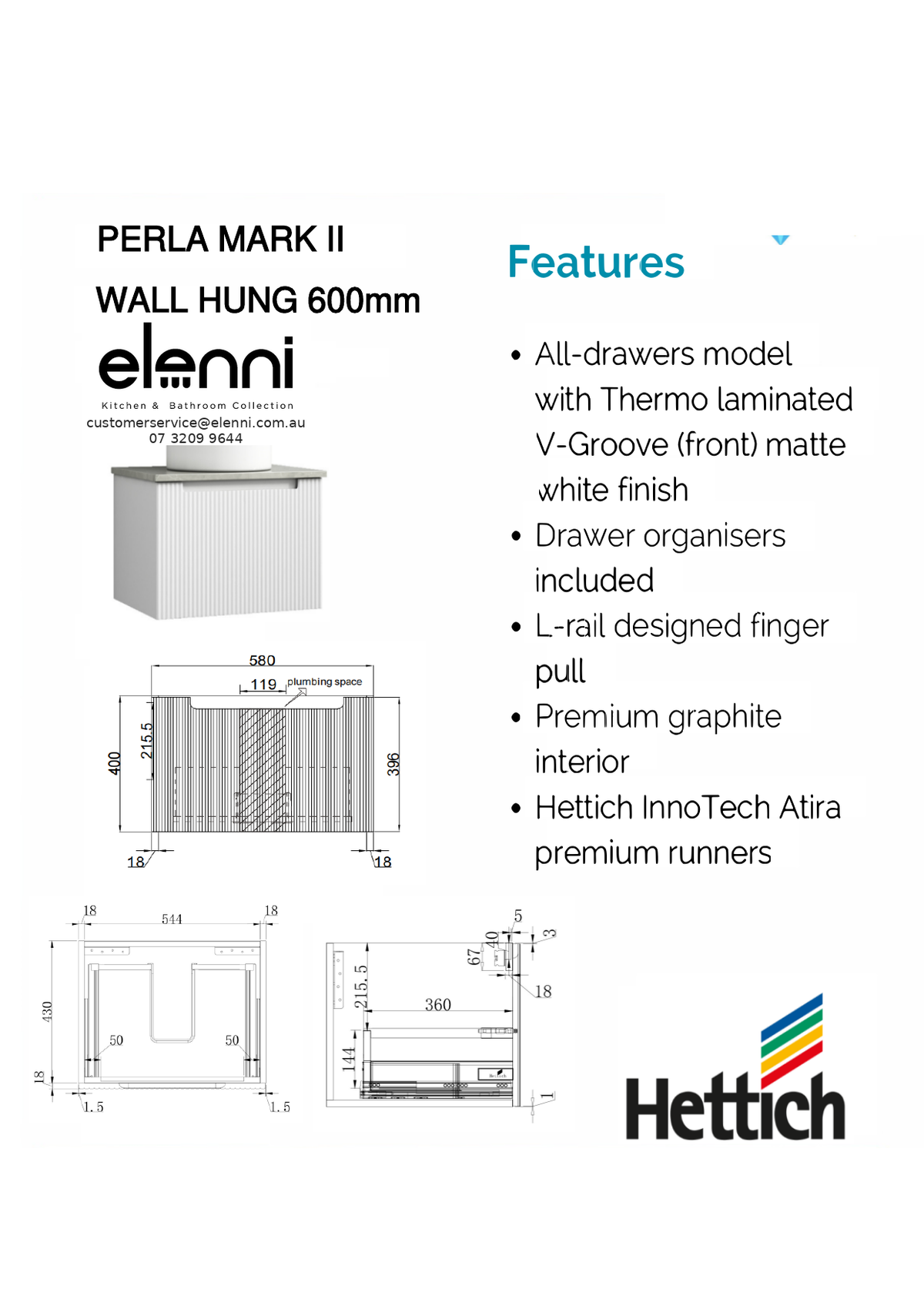 Elenni specification sheet - Perla Mark II Wall Hung 600mm