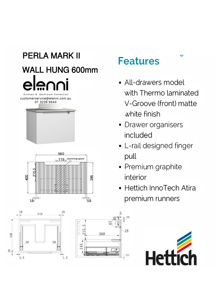 Elenni specification sheet - Perla Mark II Wall Hung 600mm