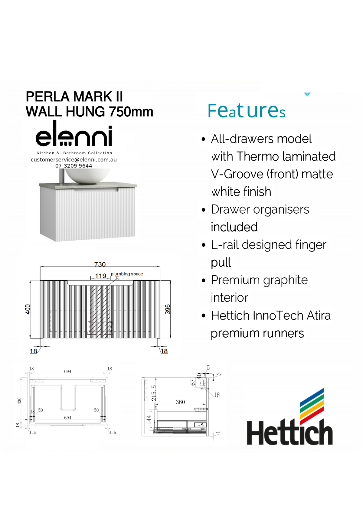 Elenni specification sheet - Perla Mark II Wall Hung 750mm