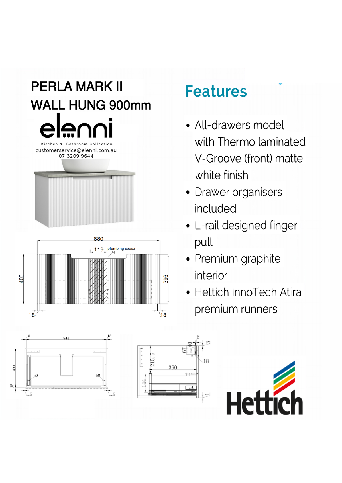 Elenni specification sheet - Perla Mark II Wall Hung 900mm
