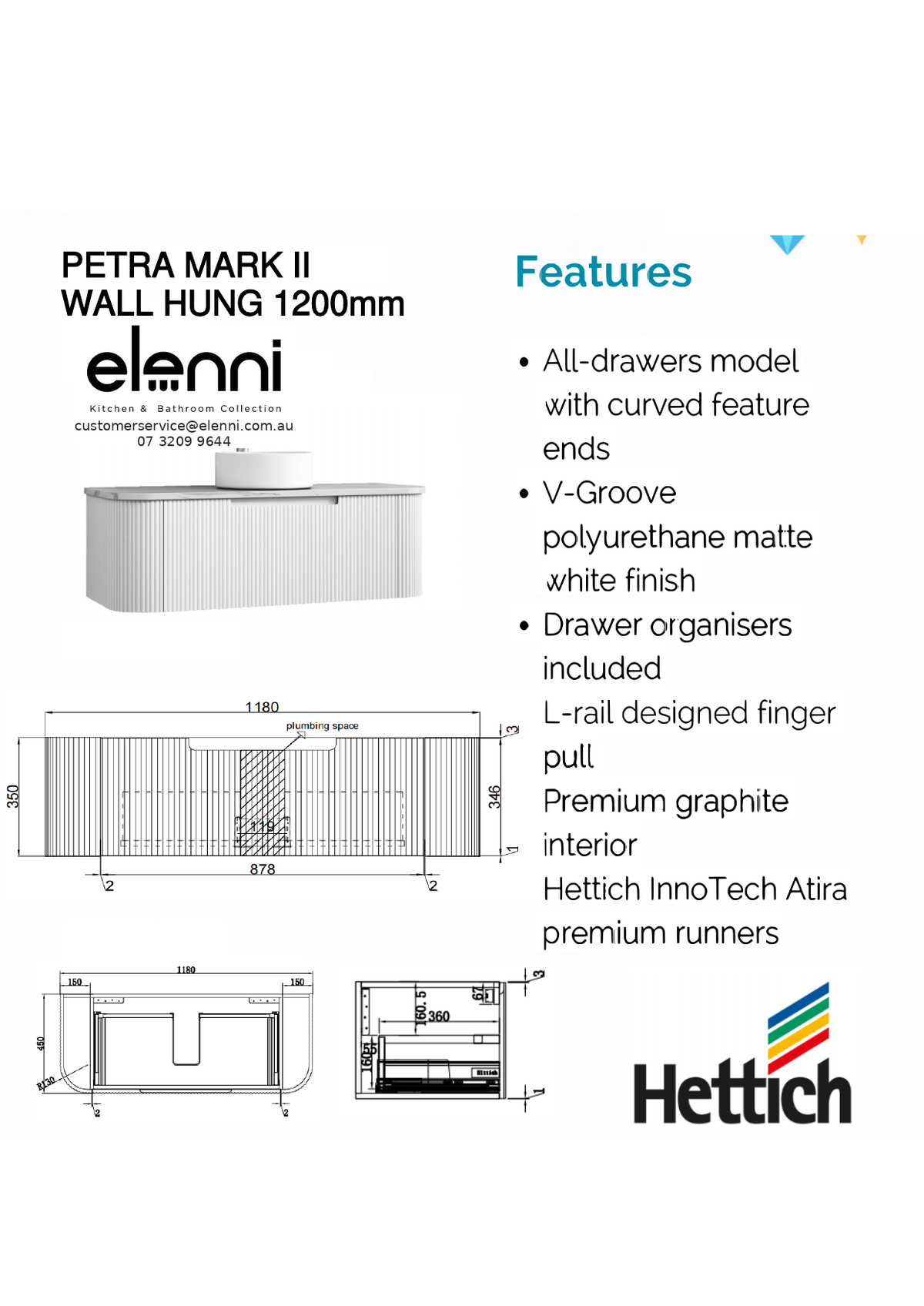 Elenni specification sheet - Petra Mark II Wall Hung 1200mm