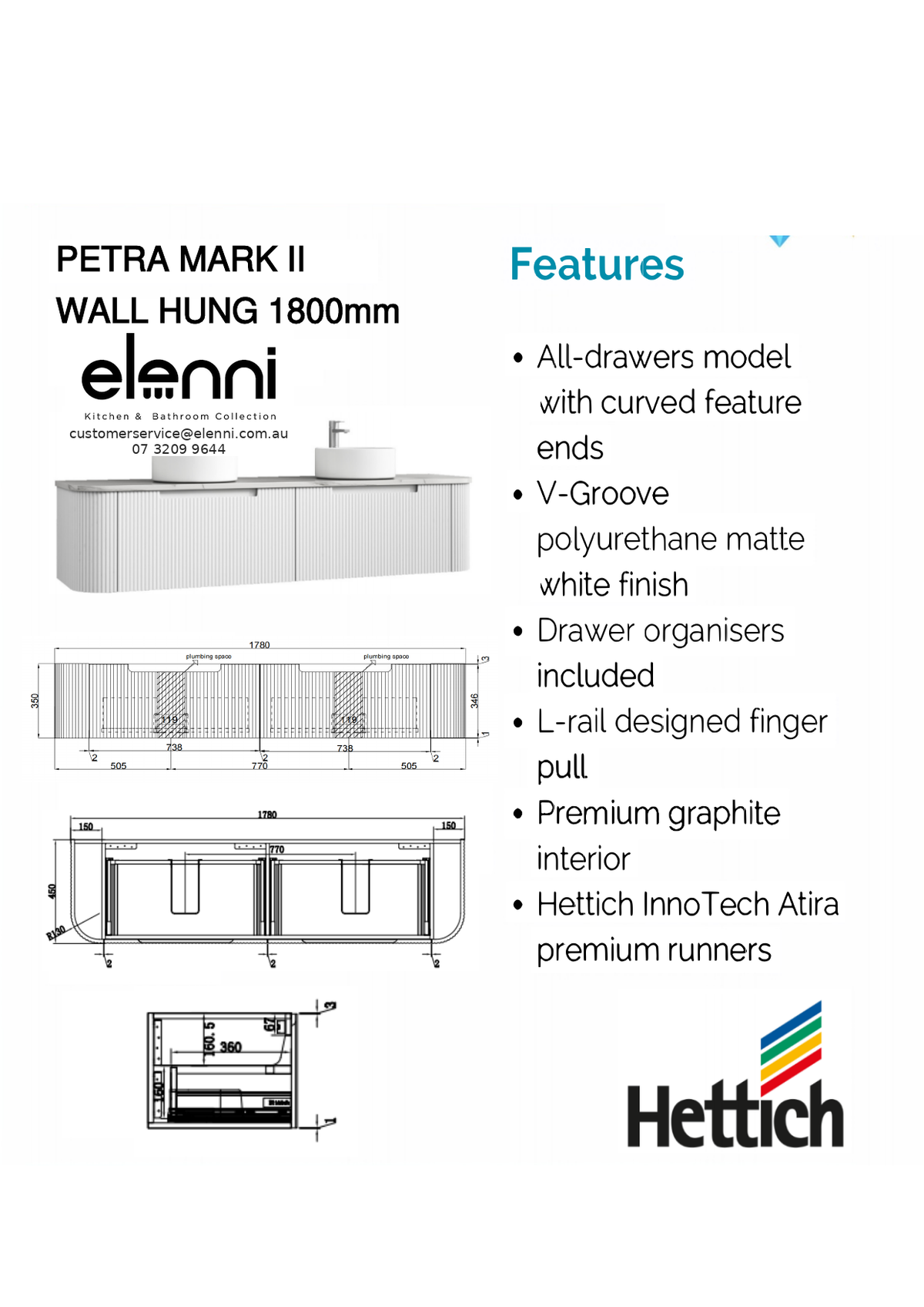 Elenni specification sheet - Petra Mark II Wall Hung 1800mm