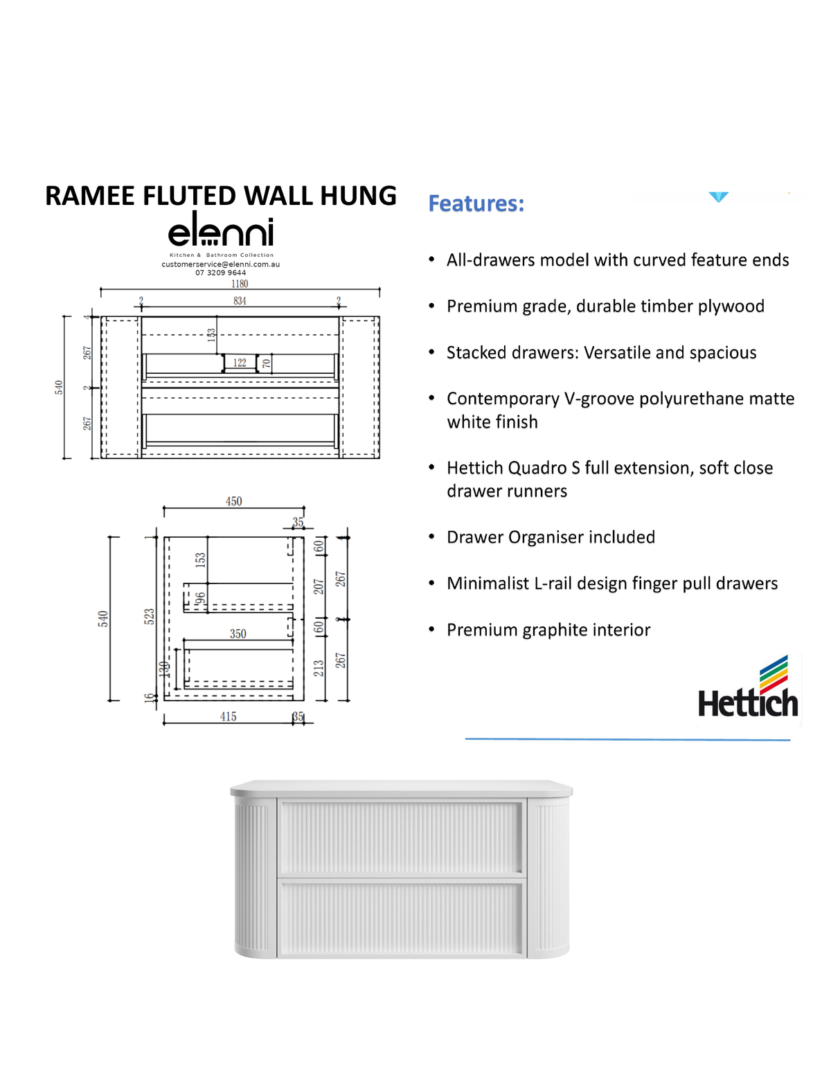 Elenni specification sheet - Ramee Fluted Wall Hung Matte White 1200mm