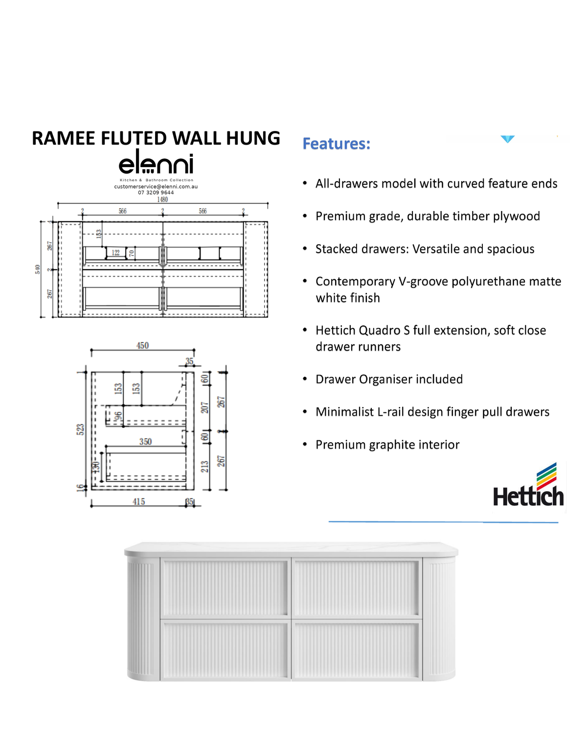 Elenni specification sheet - Ramee Fluted Wall Hung Matte White 1500mm
