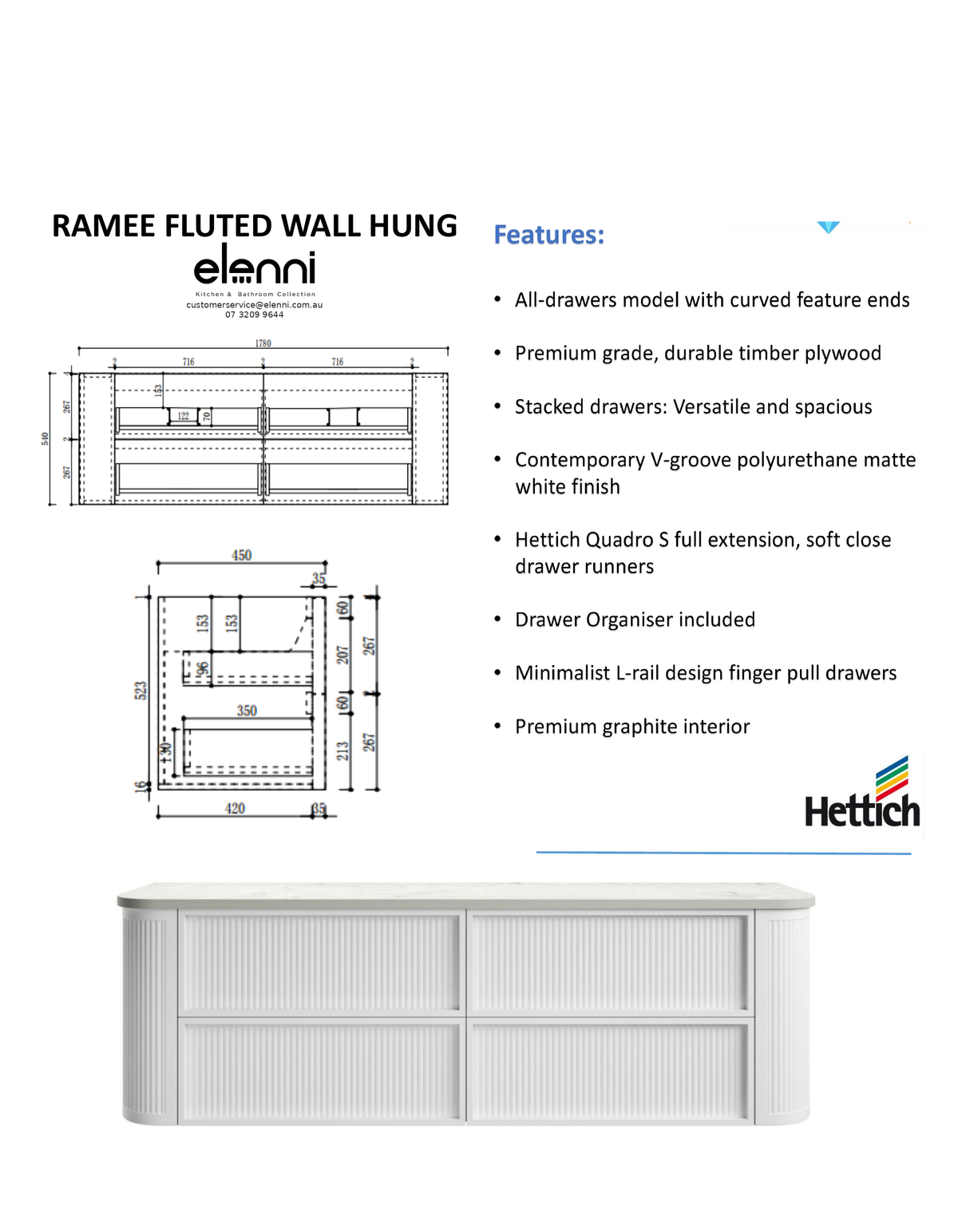 Elenni specification sheet - Ramee Fluted Wall Hung Matte White 1800mm