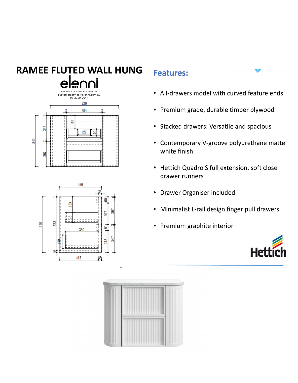 Elenni specification sheet - Ramee Fluted Wall Hung Matte White 750mm