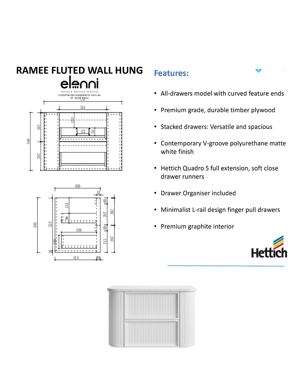 Elenni specification sheet - Ramee Fluted Wall Hung Matte White 900mm