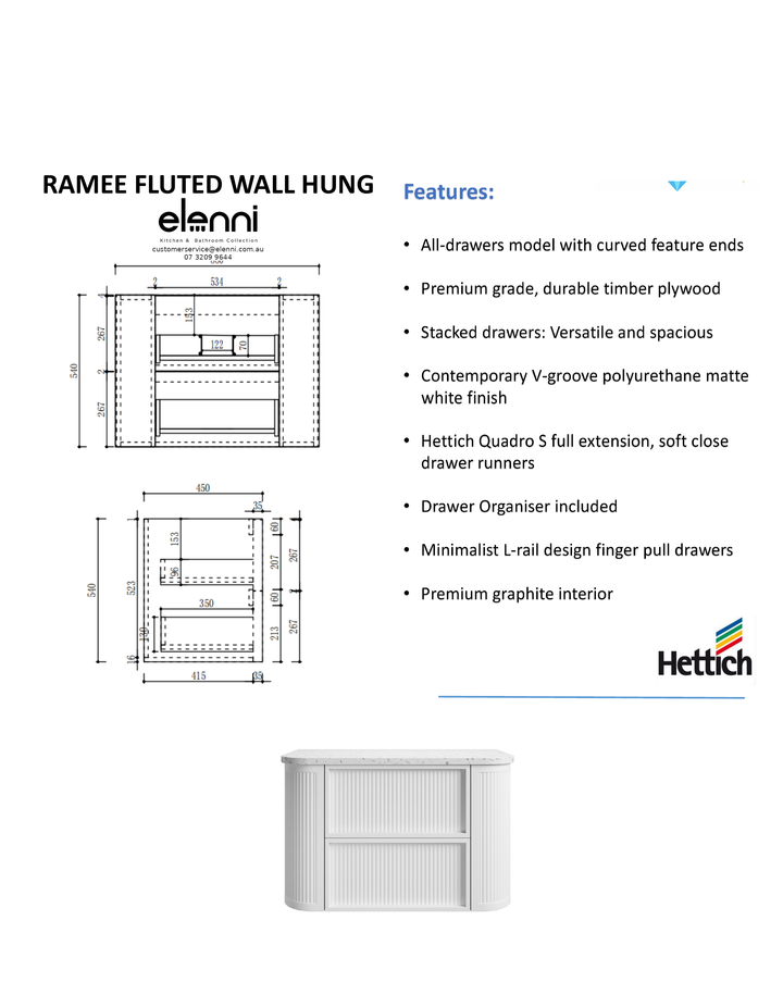 Elenni specification sheet - Ramee Fluted Wall Hung Matte White 900mm