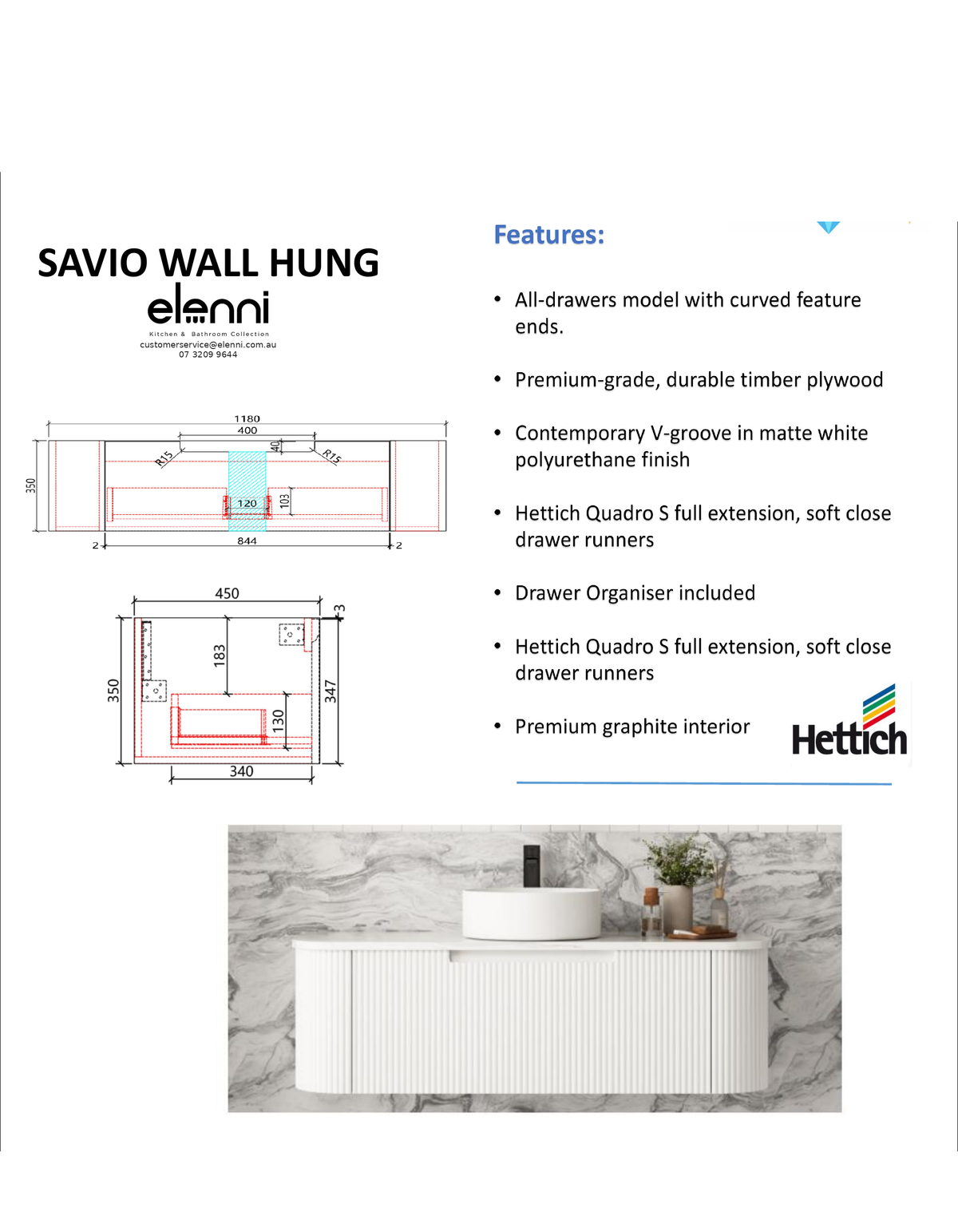 Elenni specification sheet - Savio Wall Hung 1200mm