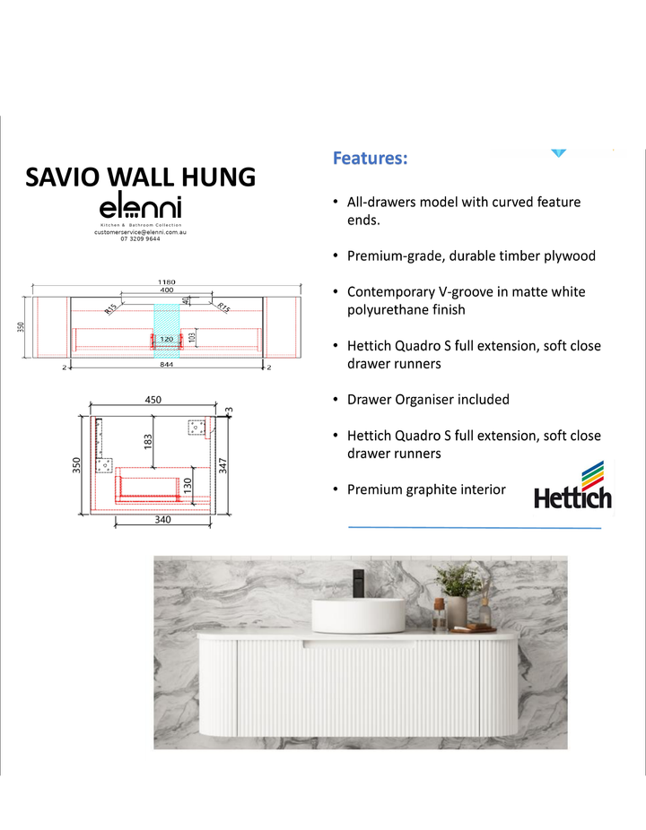 Elenni specification sheet - Savio Wall Hung 1200mm