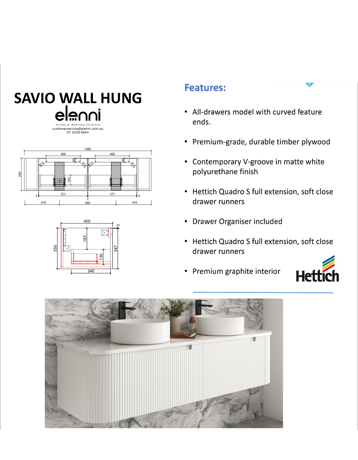 Elenni specification sheet - Savio Wall Hung 1500mm