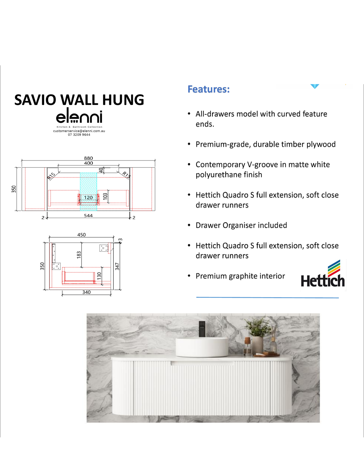 Elenni specification sheet - Savio Wall Hung 900mm