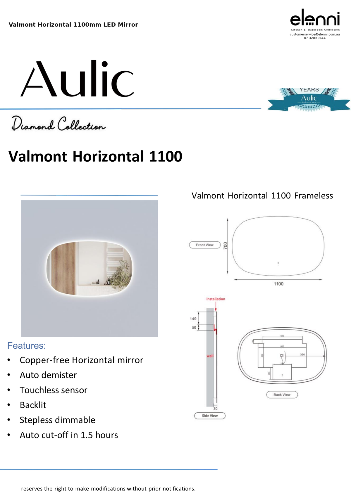 Valmont Horizontal 1100mm LED Mirror — specification sheet (Elenni)