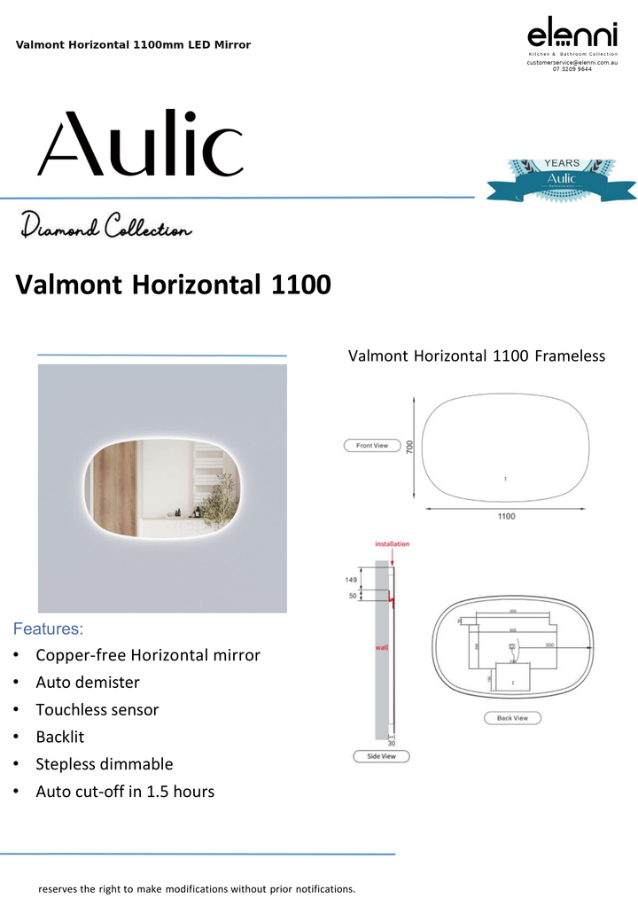 Valmont Horizontal 1100mm LED Mirror — specification sheet (Elenni)