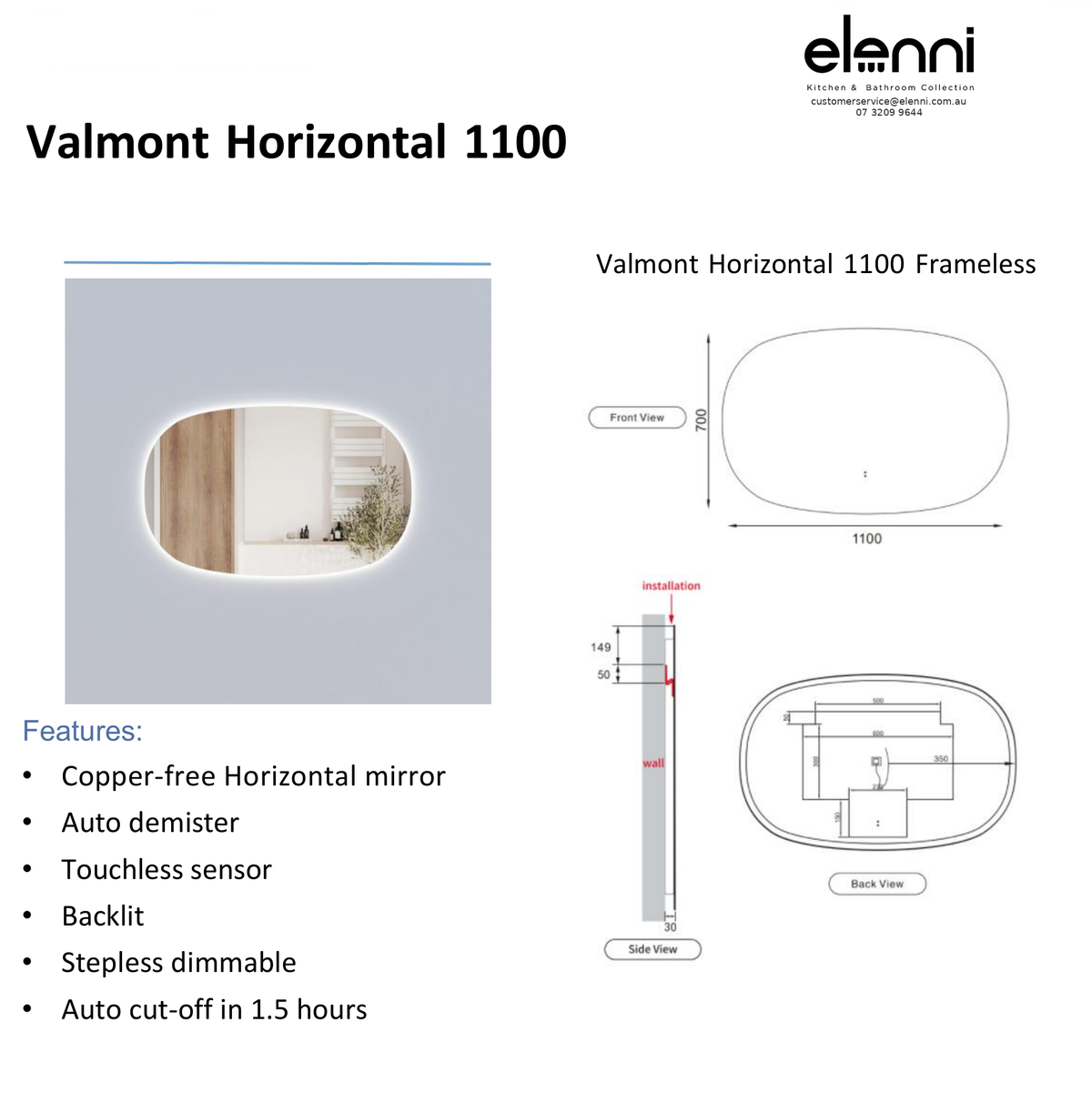 Elenni specification sheet - Valmont Horizontal 1100mm LED Mirror