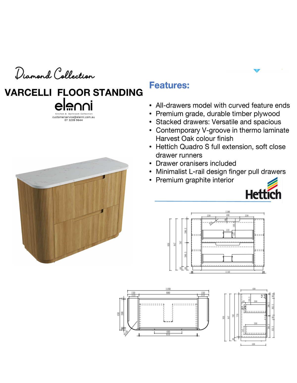 Elenni specification sheet - Varcelli Floor Standing 1200mm