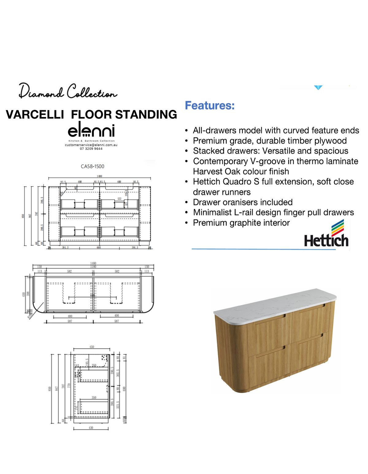 Elenni specification sheet - Varcelli Floor Standing 1500mm