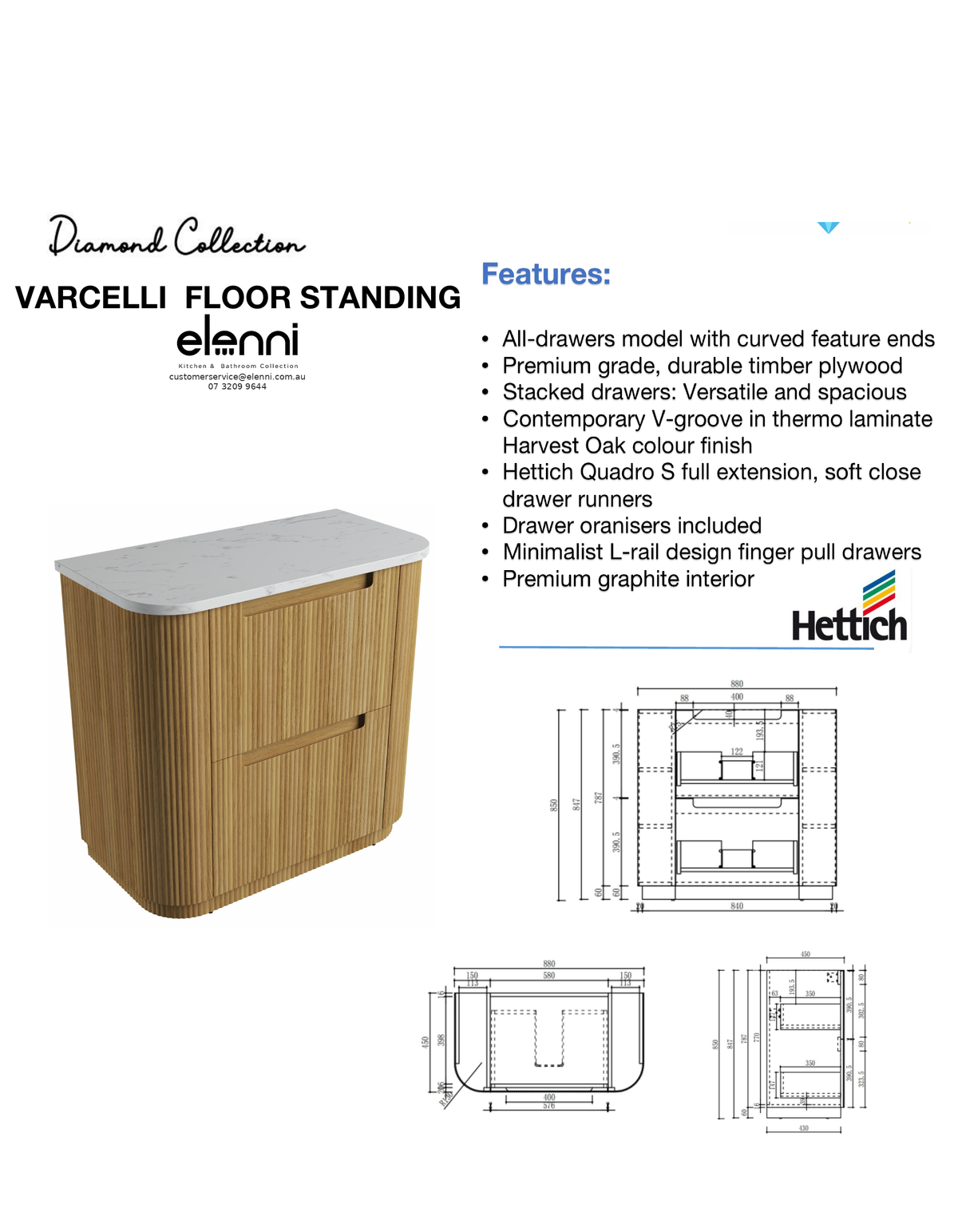Elenni specification sheet - Varcelli Floor Standing 900mm