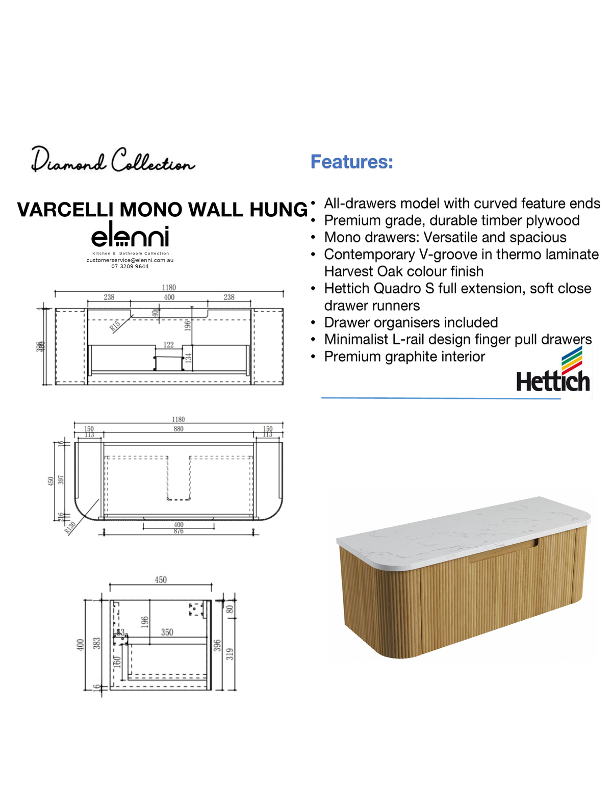 Elenni specification sheet - Varcelli Mono Wall Hung 1200mm