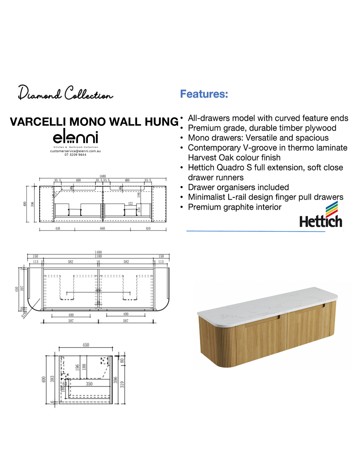 Elenni specification sheet - Varcelli Mono Wall Hung 1500mm