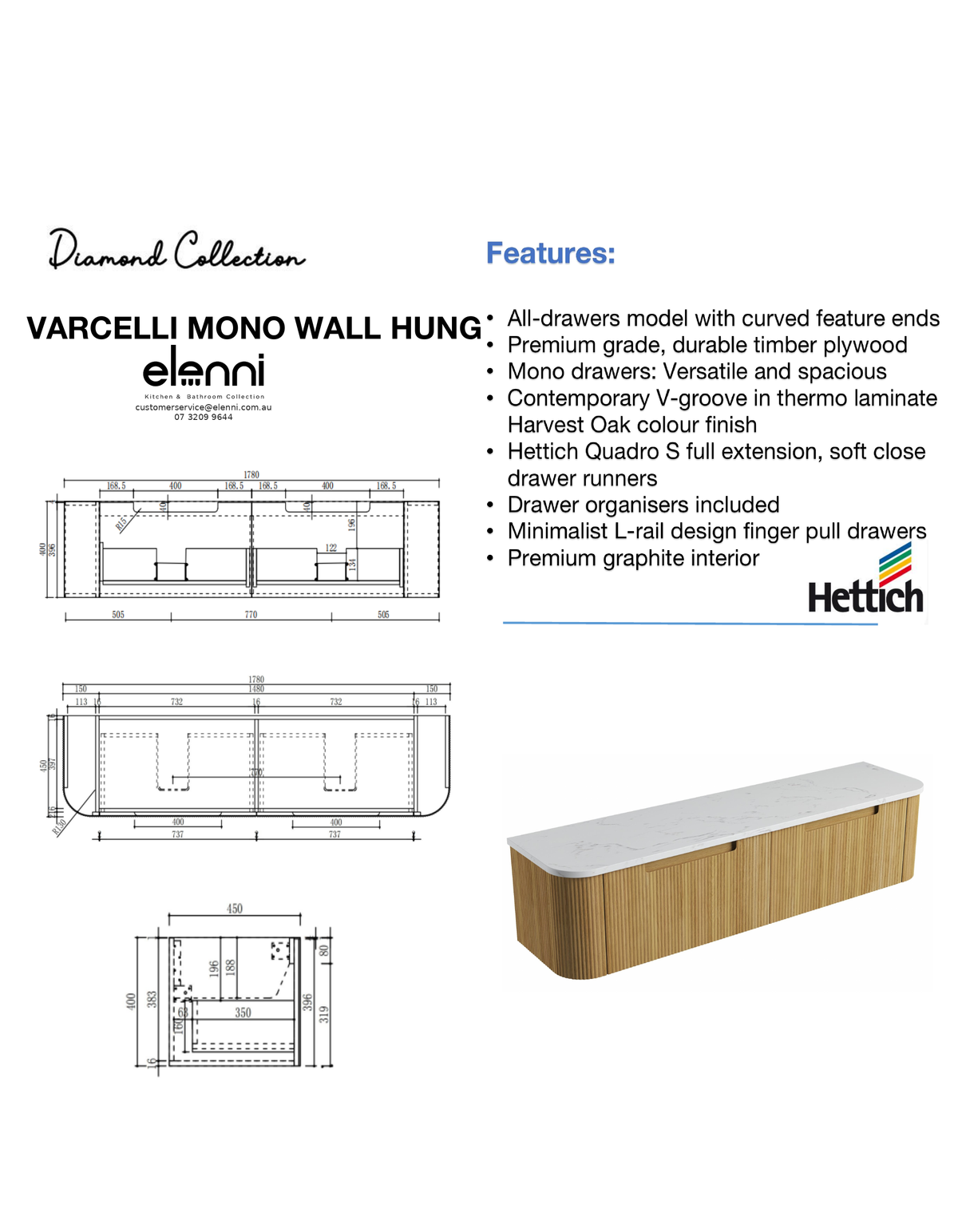 Elenni specification sheet - Varcelli Mono Wall Hung 1800mm