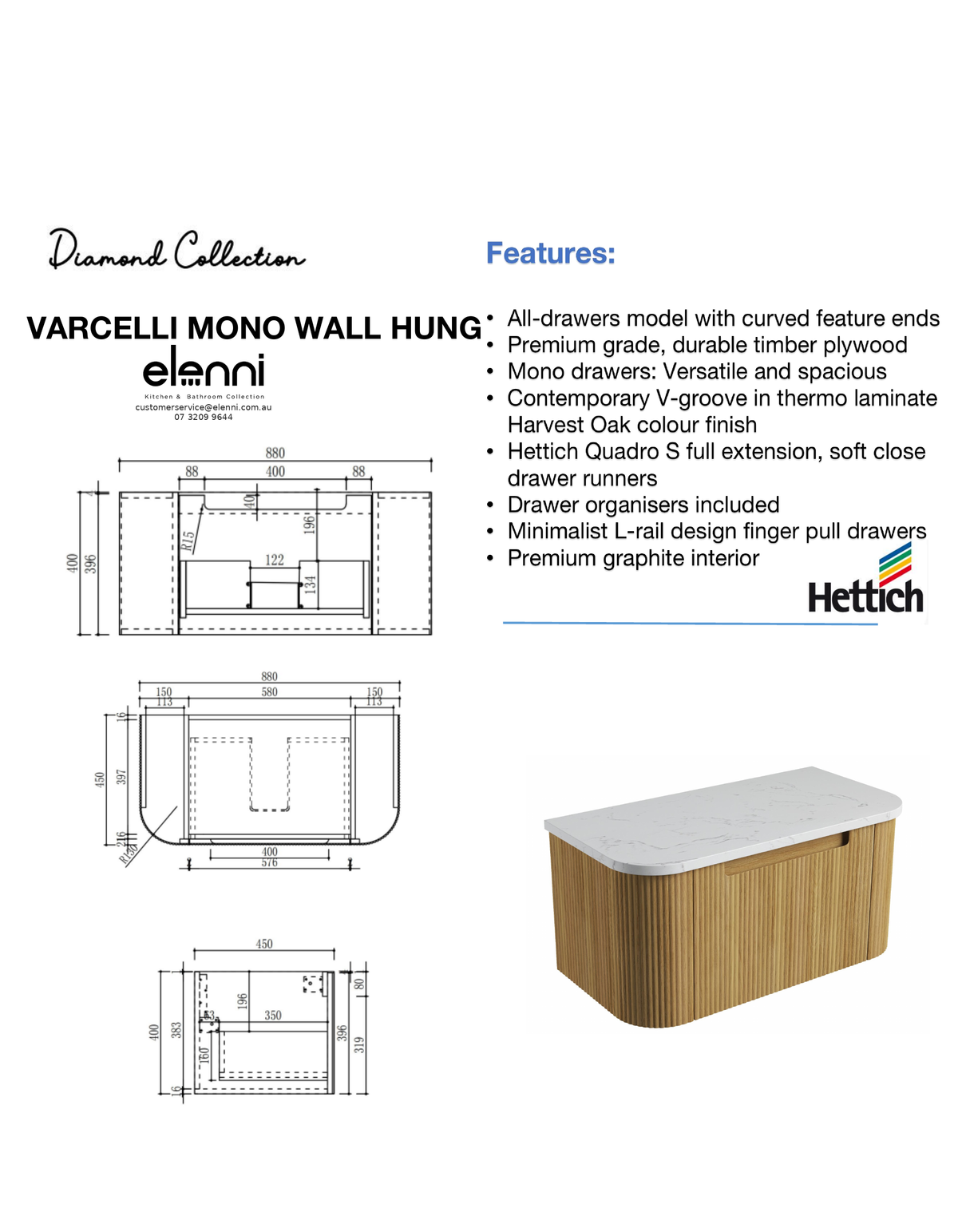 Elenni specification sheet - Varcelli Mono Wall Hung 900mm