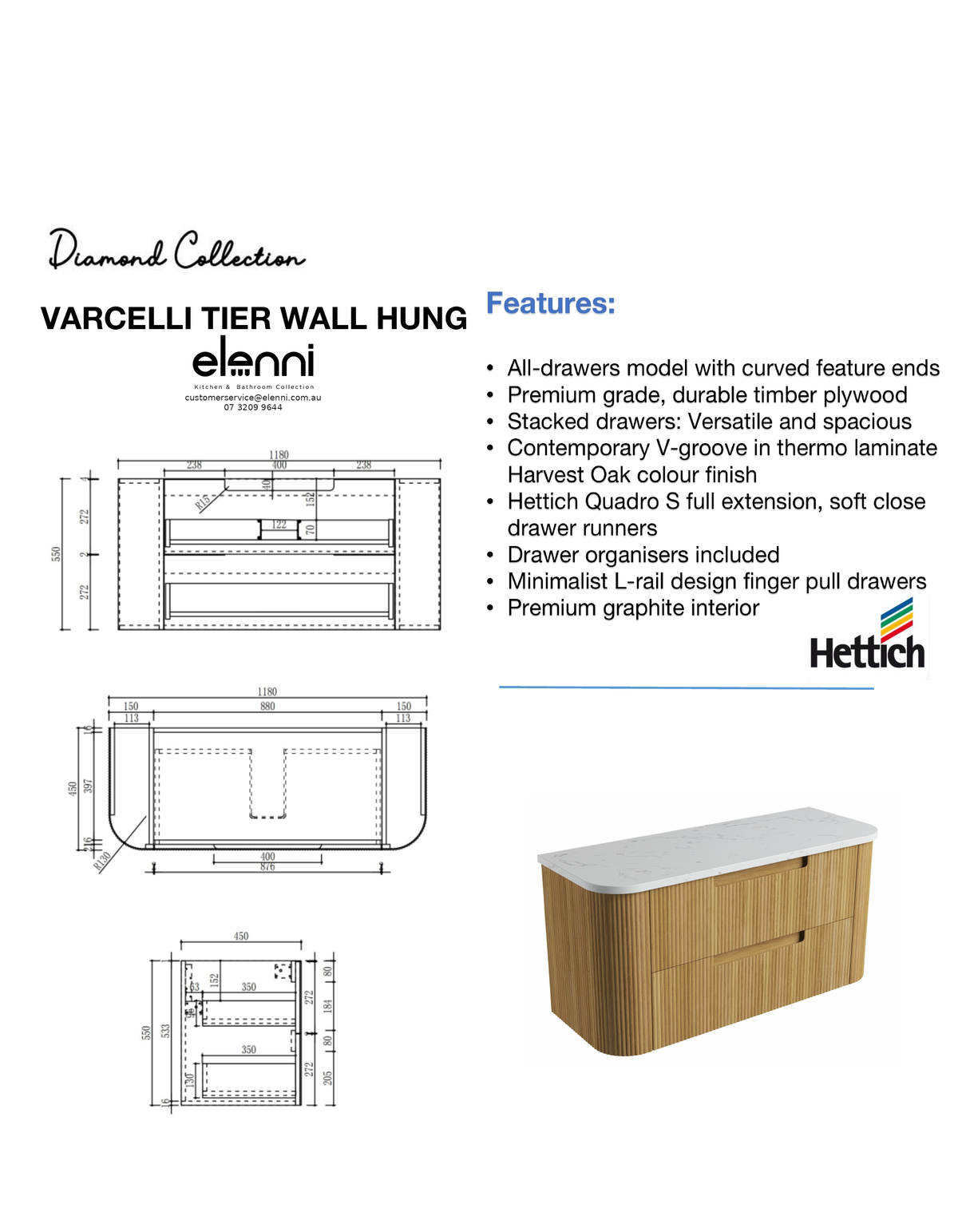Elenni specification sheet - Varcelli Tier Wall Hung 1200mm