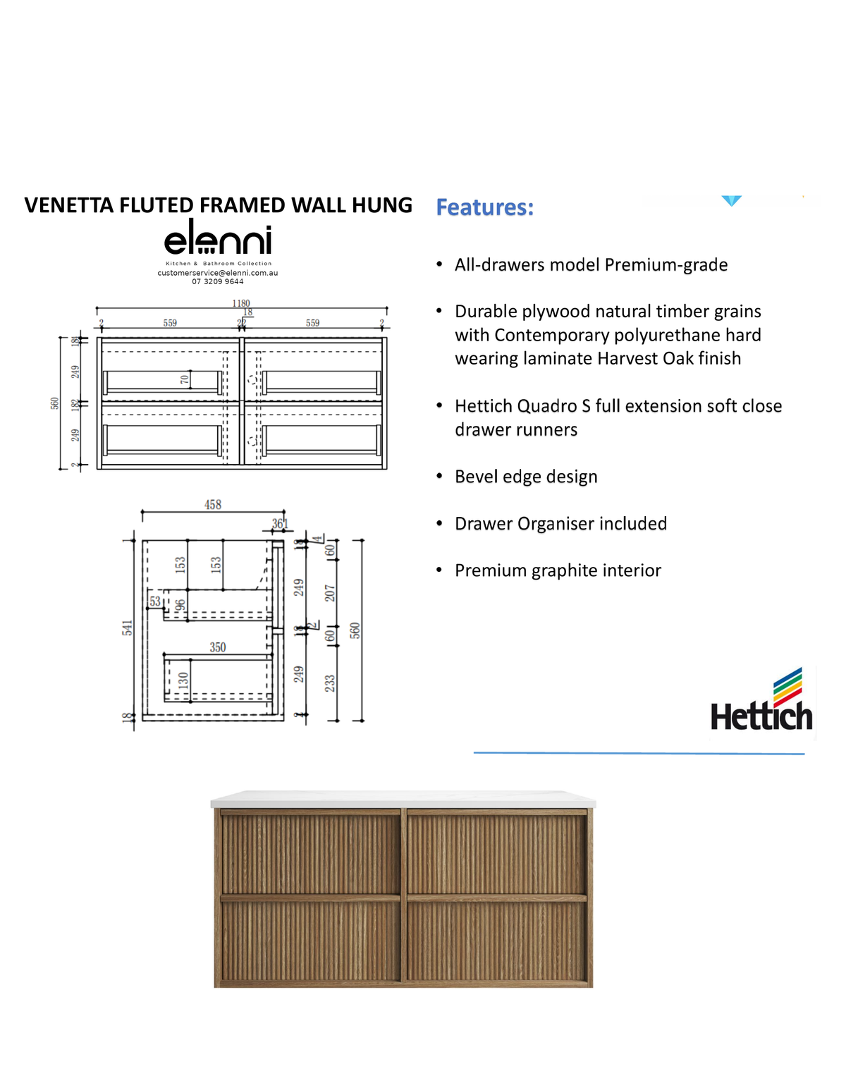Elenni specification sheet - Venetta Fluted Framed Wall Hung Harvest Oak 1200mm