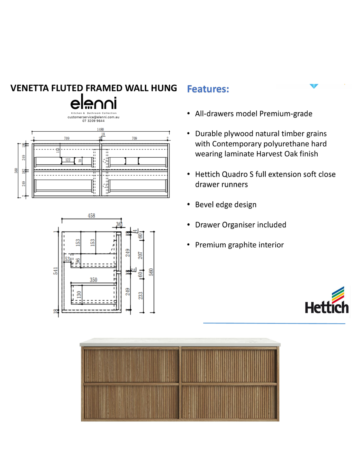 Elenni specification sheet - Venetta Fluted Framed Wall Hung Harvest Oak 1500mm