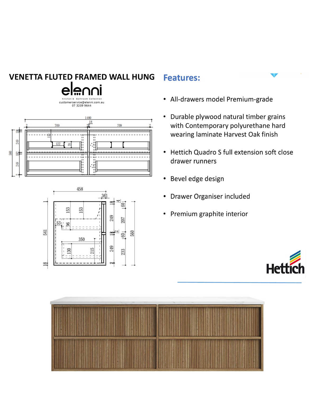 Elenni specification sheet - Venetta Fluted Framed Wall Hung Harvest Oak 1800mm