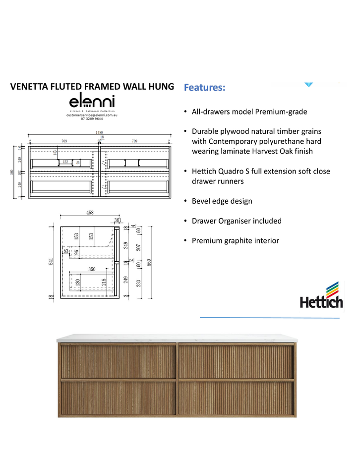 Elenni specification sheet - Venetta Fluted Framed Wall Hung Harvest Oak 1800mm
