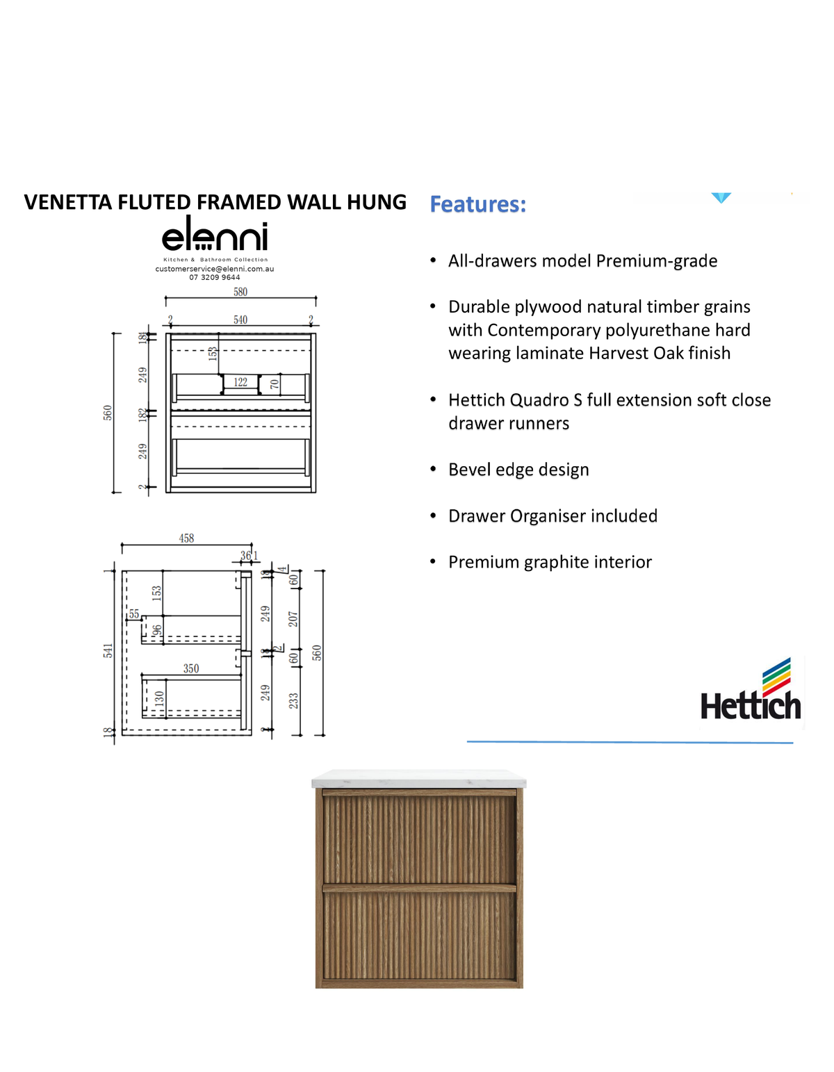 Elenni specification sheet - Venetta Fluted Framed Wall Hung Harvest Oak 600mm
