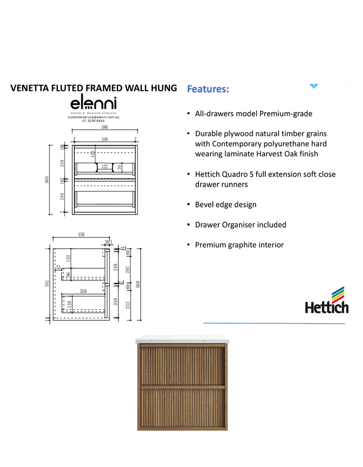 Elenni specification sheet - Venetta Fluted Framed Wall Hung Harvest Oak 600mm