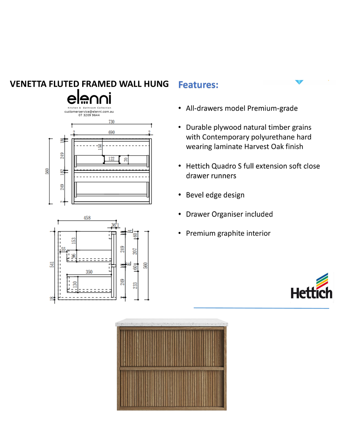 Elenni specification sheet - Venetta Fluted Framed Wall Hung Harvest Oak 750mm