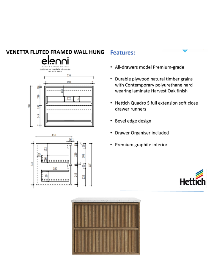 Elenni specification sheet - Venetta Fluted Framed Wall Hung Harvest Oak 750mm