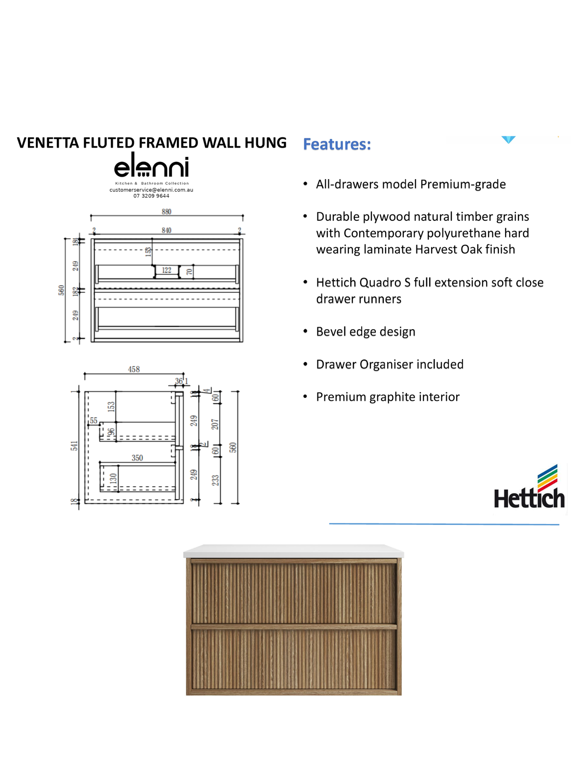 Elenni specification sheet - Venetta Fluted Framed Wall Hung Harvest Oak 900mm