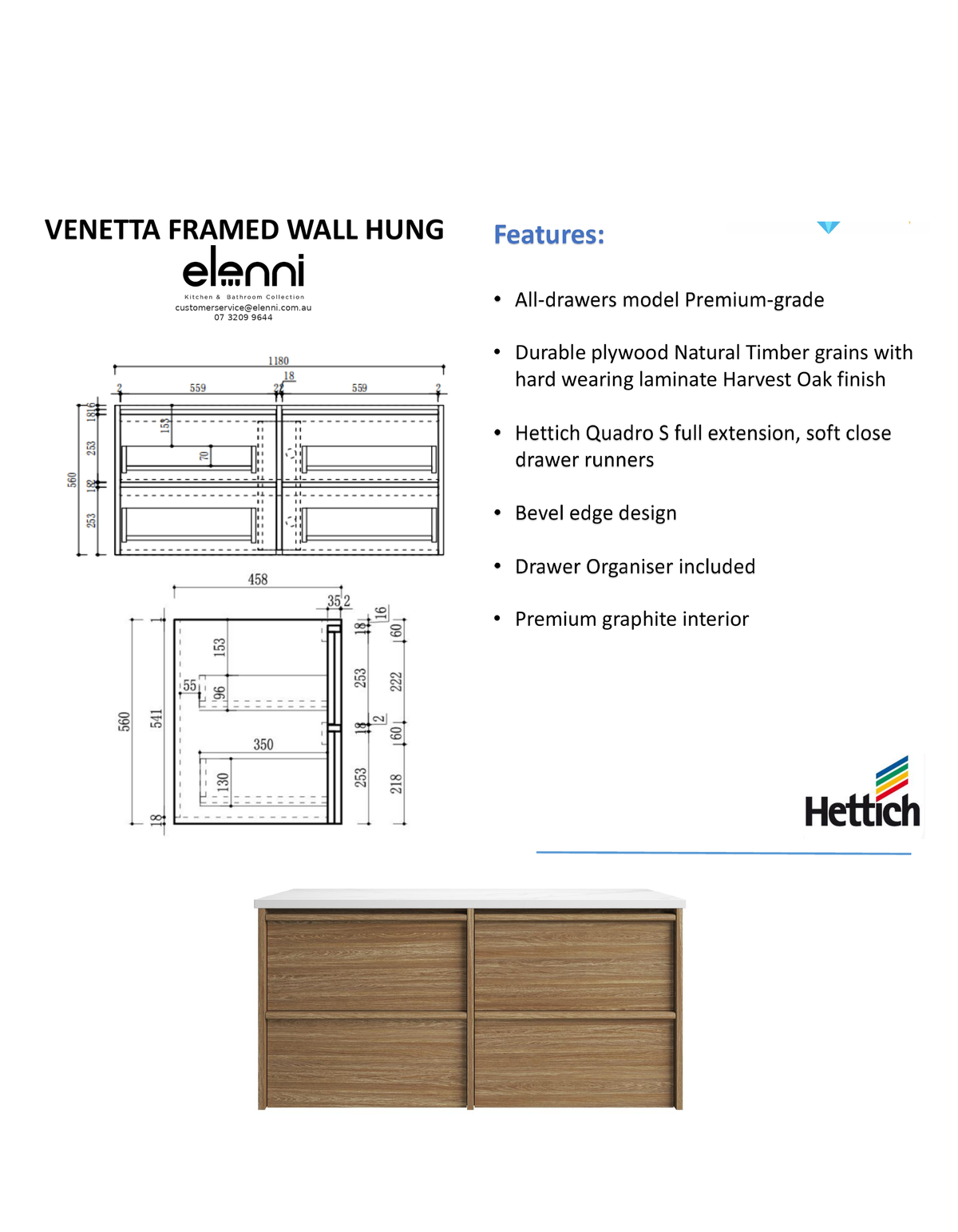 Elenni specification sheet - Venetta Framed Wall Hung Harvest Oak 1200mm